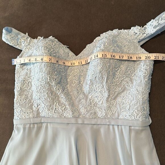 Women’s Pale Blue Off the Shoulder Chiffon Bridesmaid Dress Corset Size 16 NWOT - Picture 10 of 13